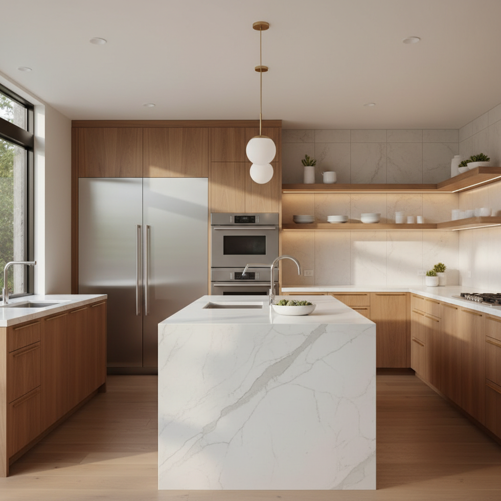 Upscale kitchen with integrated refrigerator and warm natural lighting