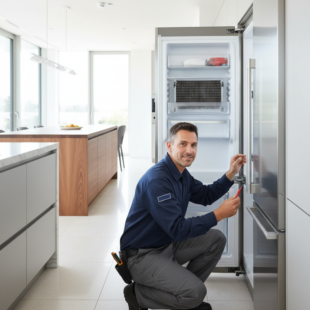 Professional appliance repair technician inspecting a built-in refrigerator